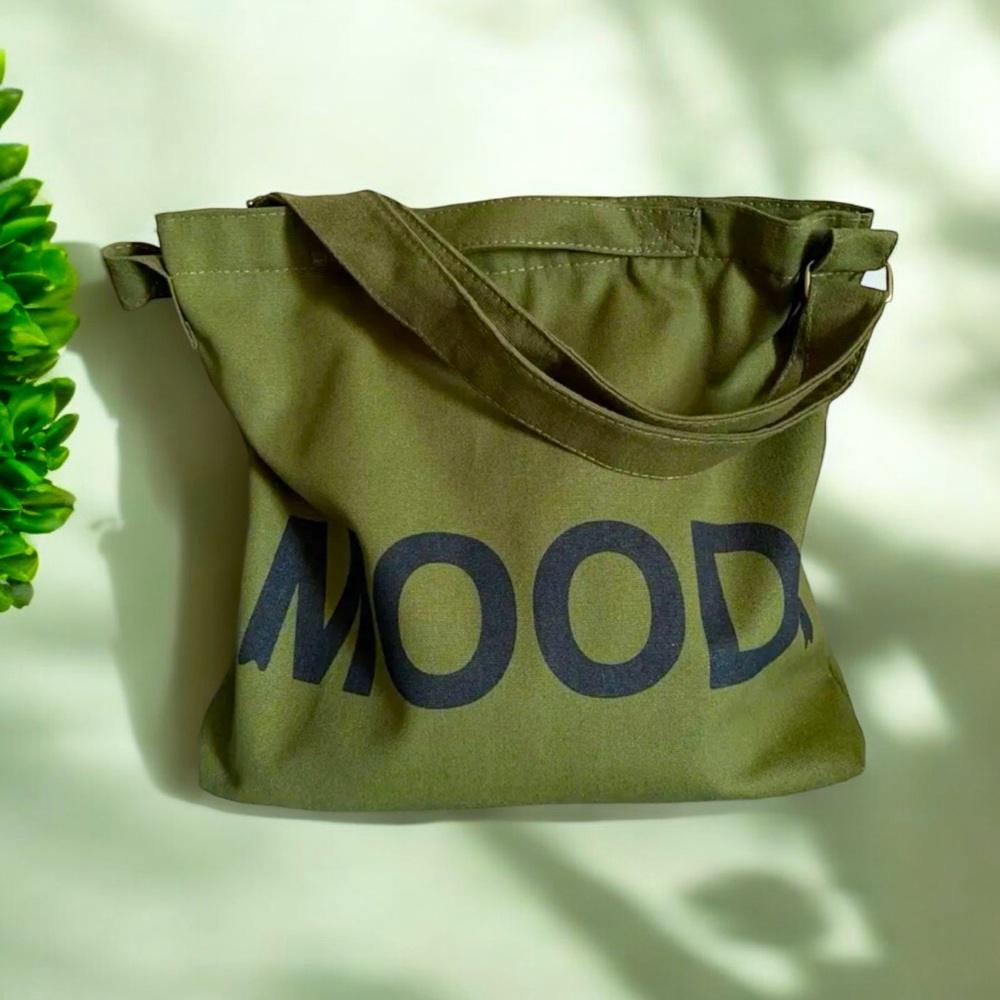 🆕 Large Capacity Tote Bag, "MOOD" Letter Print Canvas Shoulder Bag, Army Green